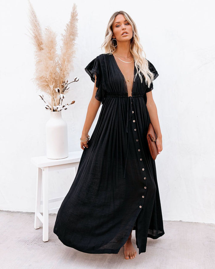 Astrid | Women's Boho V-Neck Button-Down Maxi Dress - Black - Image 1