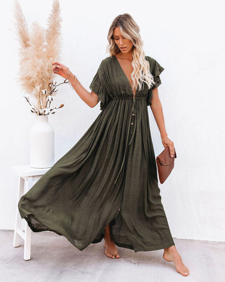 Astrid | Women's Boho V-Neck Button-Down Maxi Dress - Black - Image 3