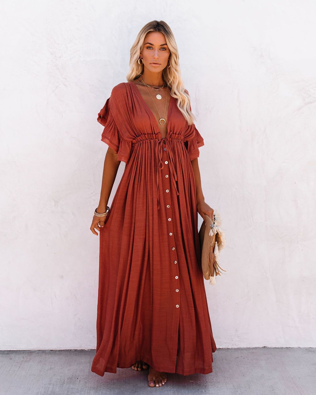 Astrid | Women's Boho V-Neck Button-Down Maxi Dress - Black - Image 4