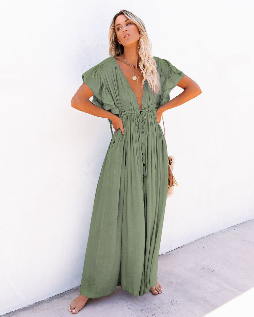 Astrid | Women's Boho V-Neck Button-Down Maxi Dress - Black - Image 5