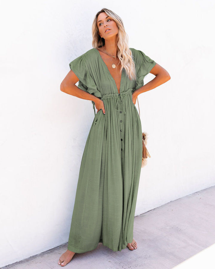 Astrid | Women's Boho V-Neck Button-Down Maxi Dress - Black - Image 5