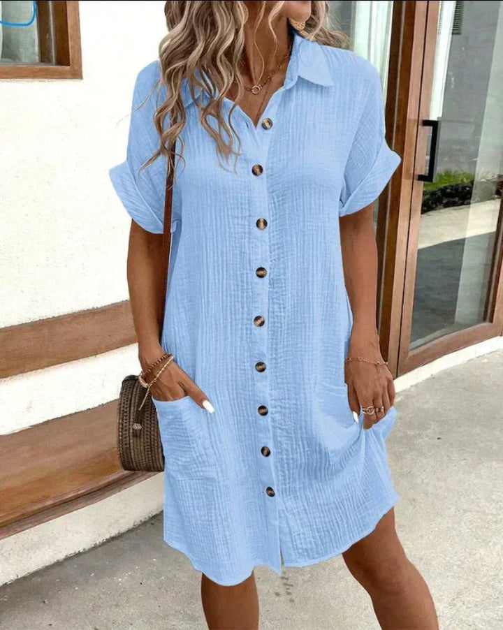 Astrid | Women's Button-Down Shirt Dress with Pockets - White - Image 3