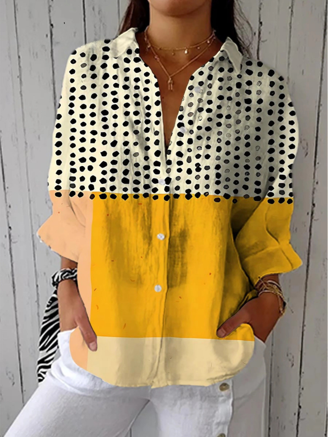 Astrid | Women's Polka Dot Colour Block Long Sleeve Shirt - Image 1
