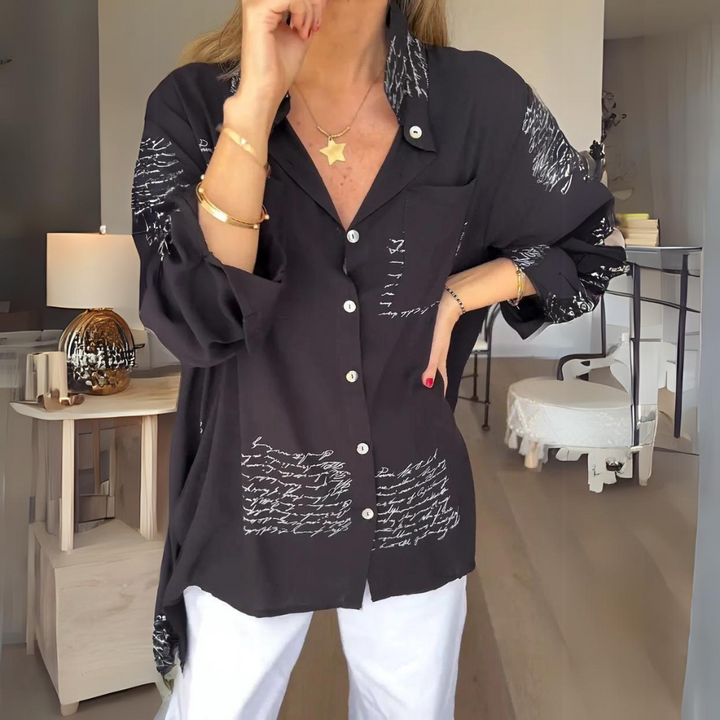 Astrid | Women's Printed Relaxed Fit Button-Up Blouse - Black - Image 1