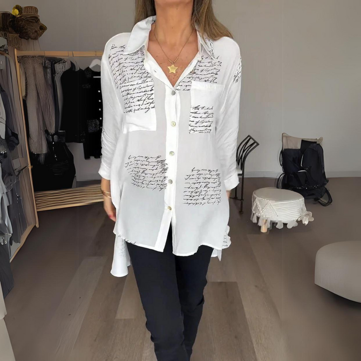 Astrid | Women's Printed Relaxed Fit Button-Up Blouse - Black - Image 3