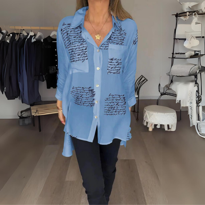 Astrid | Women's Printed Relaxed Fit Button-Up Blouse - Black - Image 7