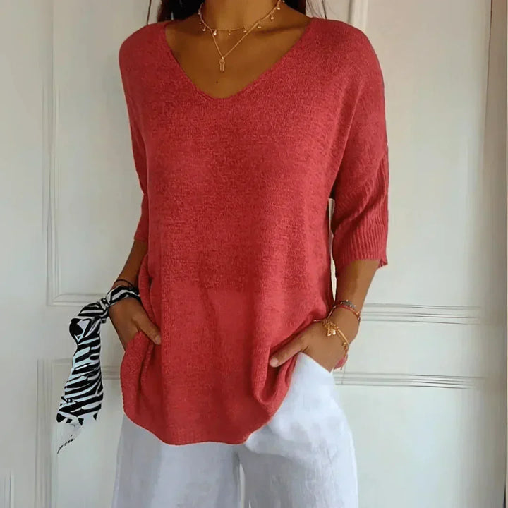 Astrid | Women's Relaxed V-Neck Knit Top with 3/4 Sleeves - Coral - Image 1