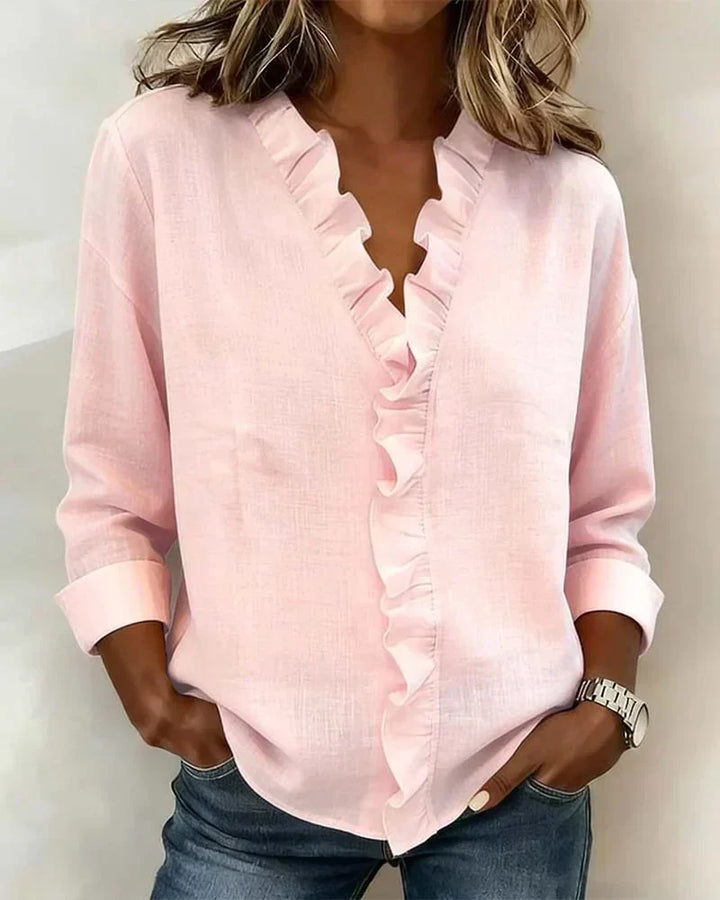 Astrid | Women's Ruffle V-Neck Long Sleeve Blouse - Light Pink - Image 1