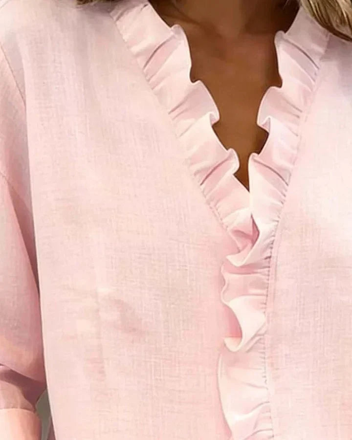 Astrid | Women's Ruffle V-Neck Long Sleeve Blouse - Light Pink - Image 13