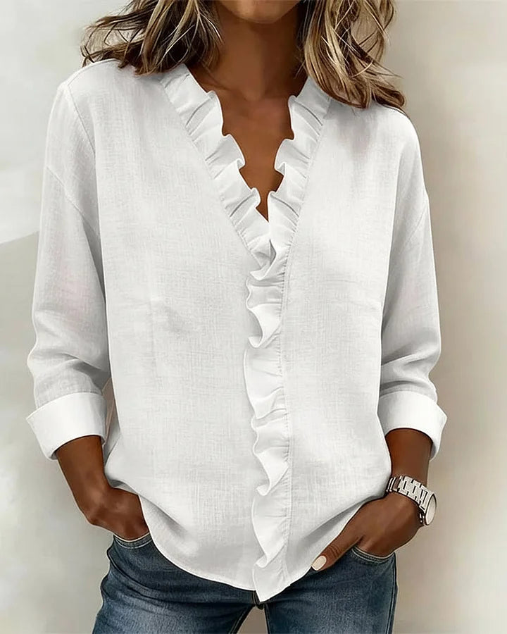 Astrid | Women's Ruffle V-Neck Long Sleeve Blouse - Light Pink - Image 2