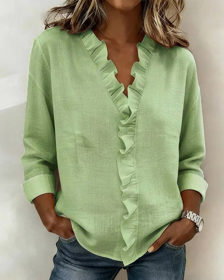 Astrid | Women's Ruffle V-Neck Long Sleeve Blouse - Light Pink - Image 3
