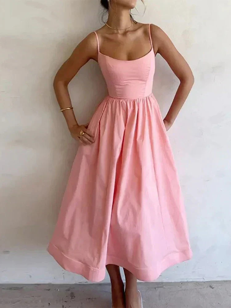 Astrid | Women's Spaghetti Strap Midi Flare Dress - Pink - Image 1