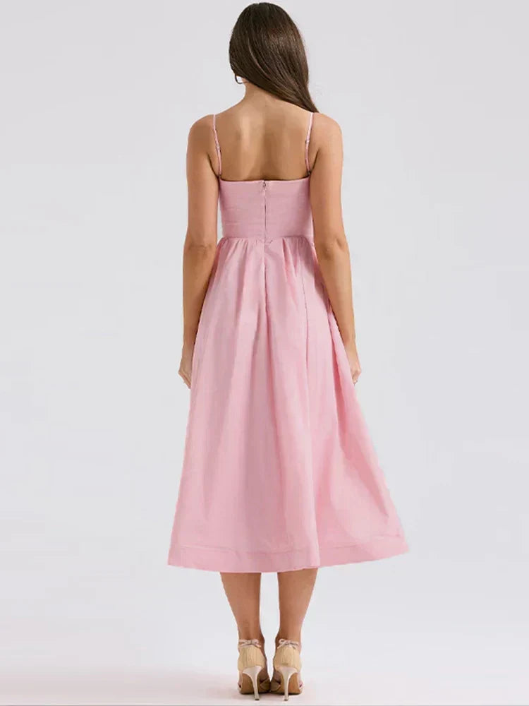 Astrid | Women's Spaghetti Strap Midi Flare Dress - Pink - Image 6