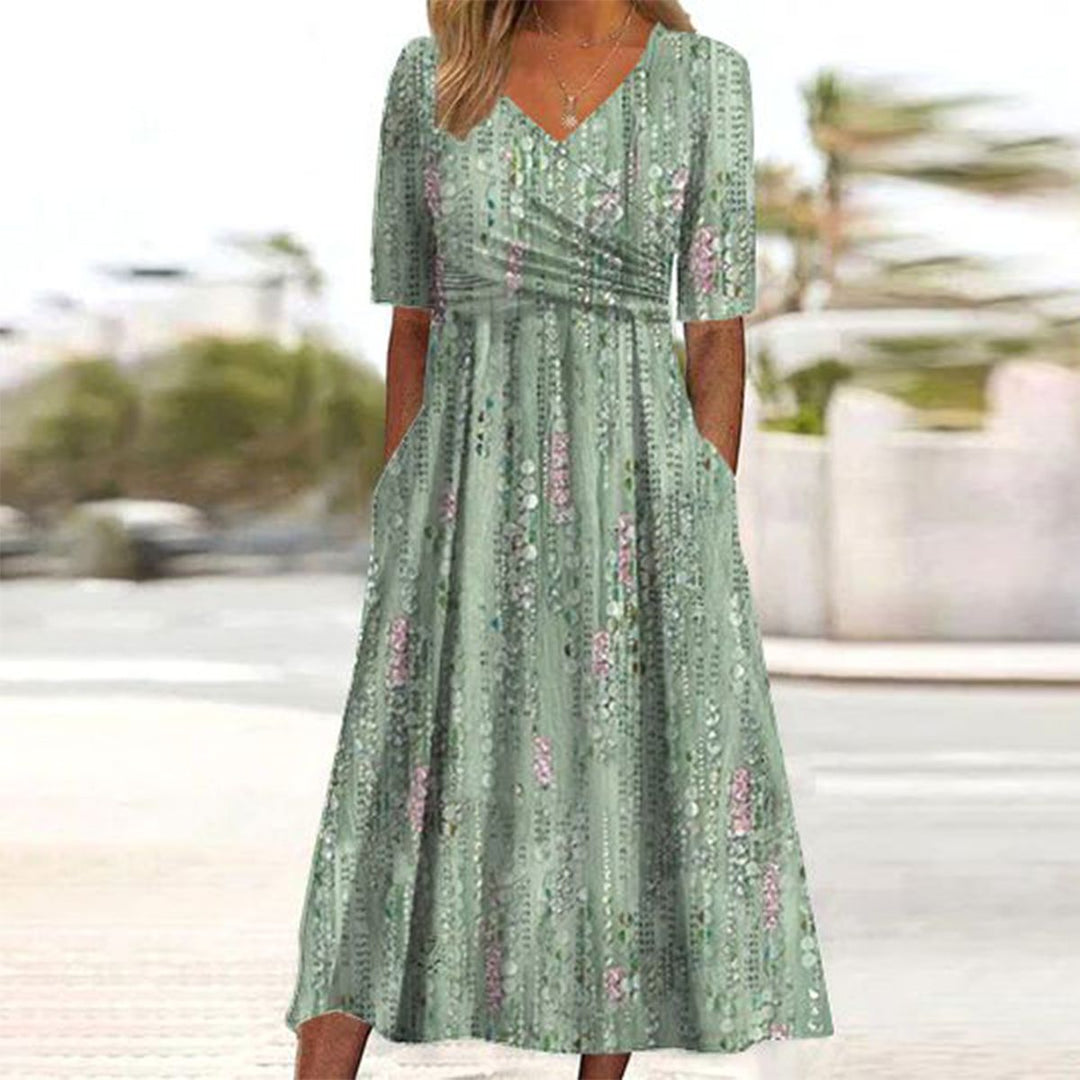 Aswen | Women's Floral Print High Waist Midi Dress - Light Green - Image 1