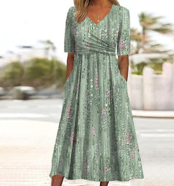 Aswen | Women's Floral Print High Waist Midi Dress - Light Green - Image 2