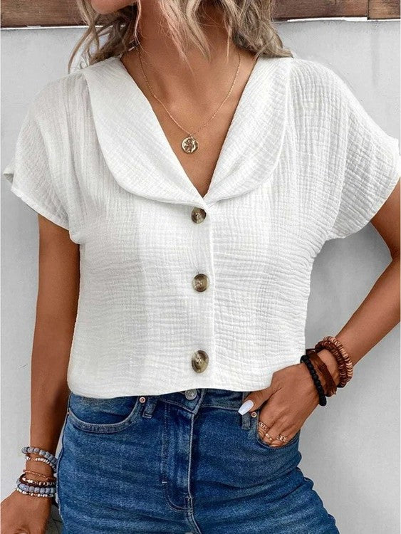 Aswen | Women's Relaxed Fit Button-Down Summer Blouse - White - Image 2