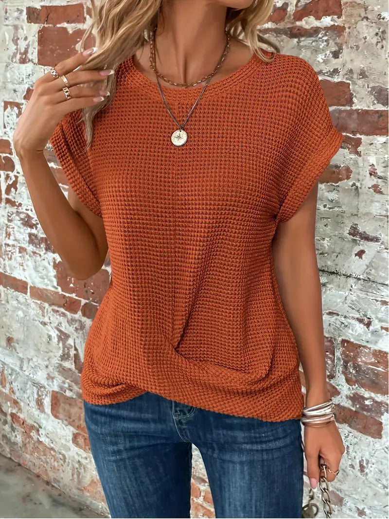 Aswen | Women's Relaxed Waffle Knit Top - Orange - Image 3