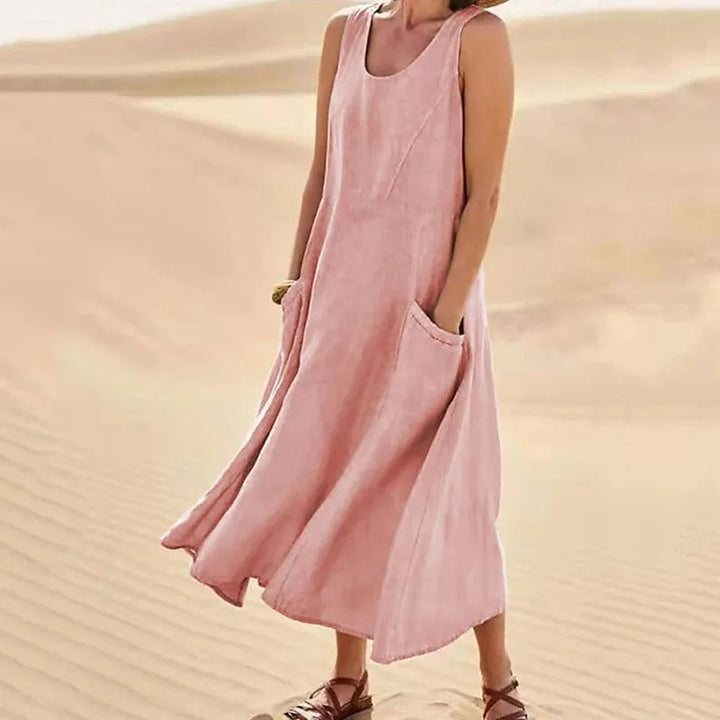 Aswen | Women's Sleeveless Relaxed Midi Dress with Pockets - Pink - Image 1