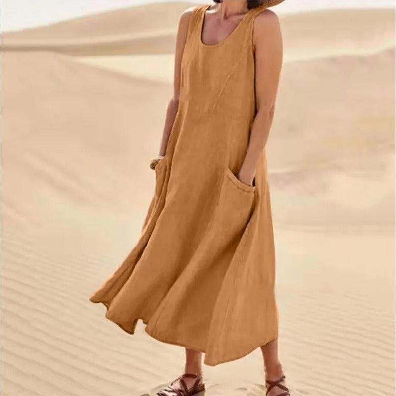 Aswen | Women's Sleeveless Relaxed Midi Dress with Pockets - Pink - Image 10