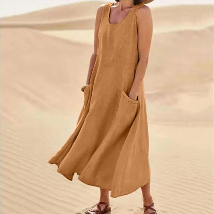 Aswen | Women's Sleeveless Relaxed Midi Dress with Pockets - Pink - Image 10