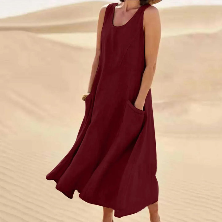 Aswen | Women's Sleeveless Relaxed Midi Dress with Pockets - Pink - Image 12