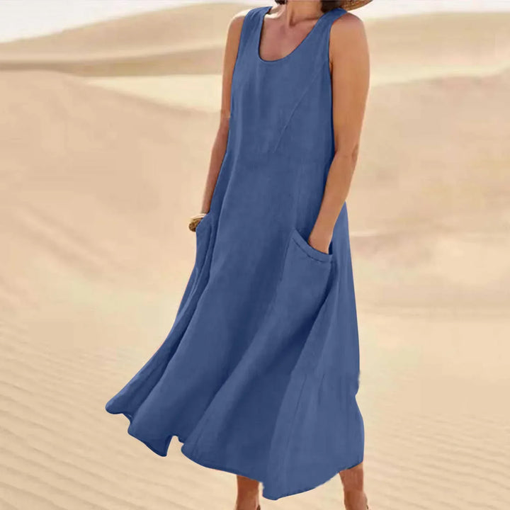 Aswen | Women's Sleeveless Relaxed Midi Dress with Pockets - Pink - Image 4