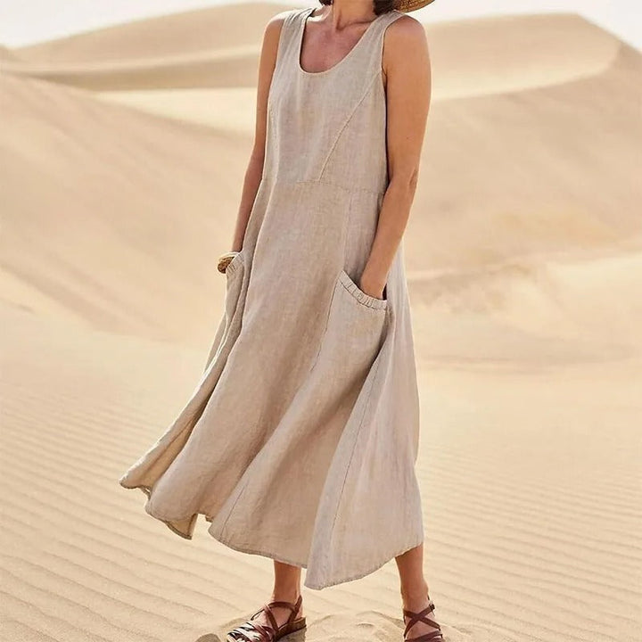 Aswen | Women's Sleeveless Relaxed Midi Dress with Pockets - Pink - Image 5