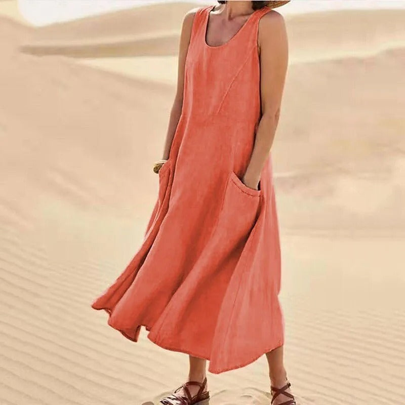 Aswen | Women's Sleeveless Relaxed Midi Dress with Pockets - Pink - Image 6