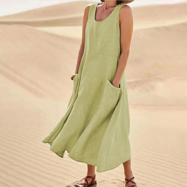 Aswen | Women's Sleeveless Relaxed Midi Dress with Pockets - Pink - Image 7