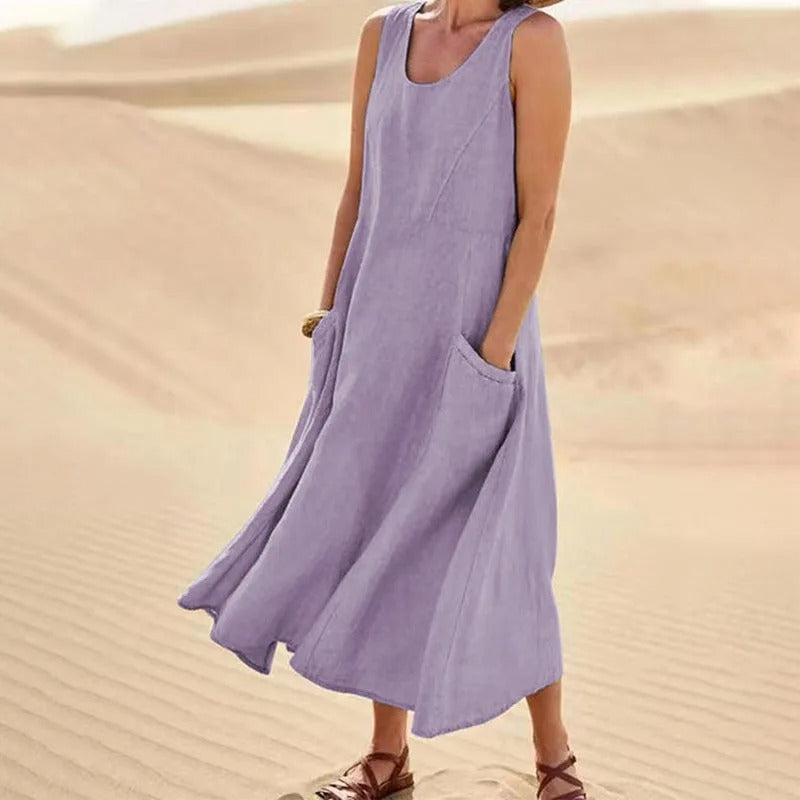 Aswen | Women's Sleeveless Relaxed Midi Dress with Pockets - Pink - Image 8