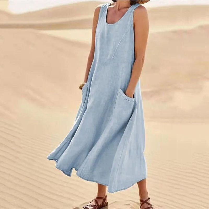 Aswen | Women's Sleeveless Relaxed Midi Dress with Pockets - Pink - Image 9