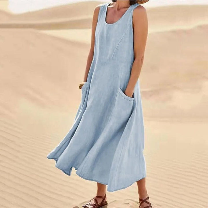 Aswen | Women's Sleeveless Relaxed Midi Dress with Pockets - Pink - Image 9