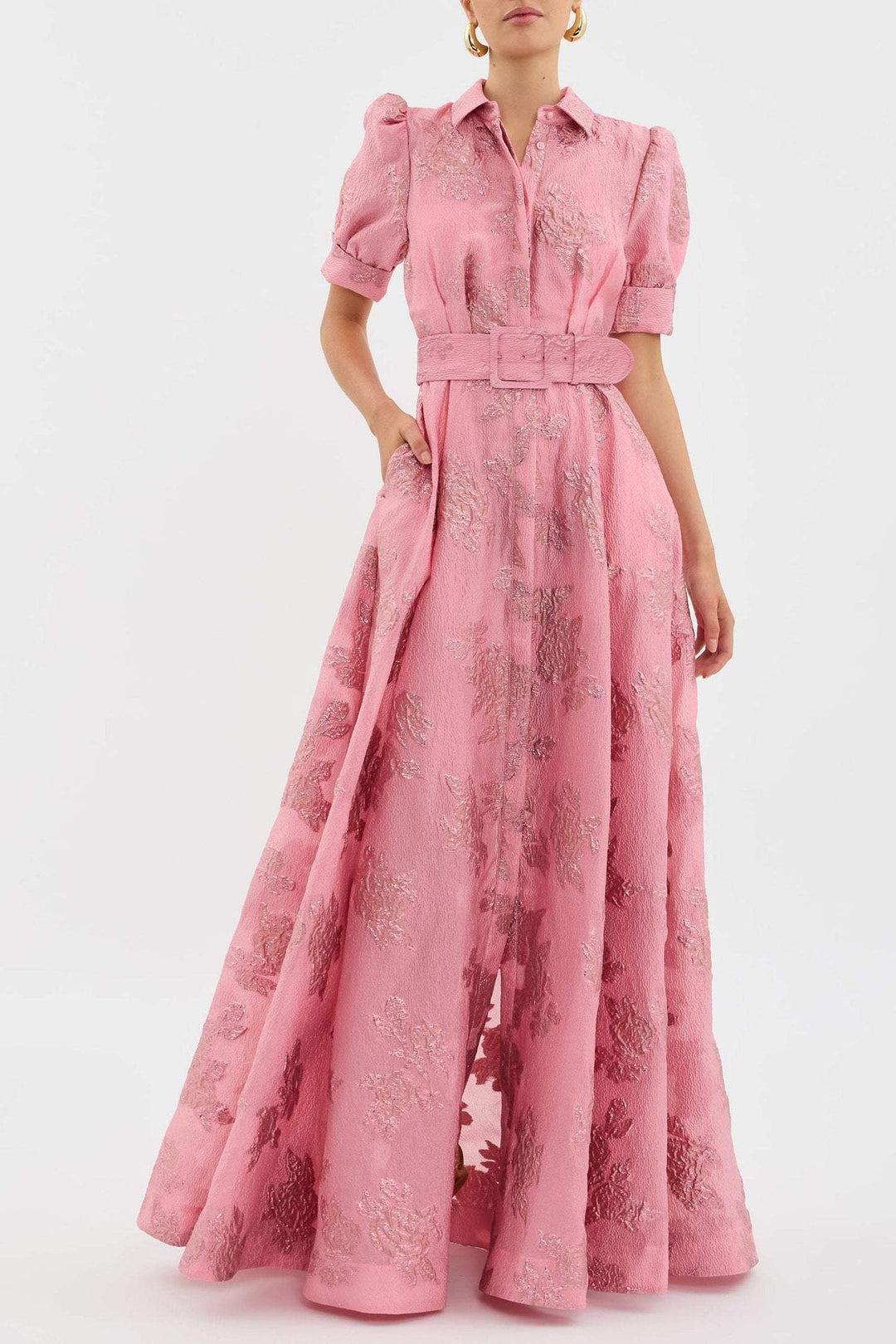 Aswyn | Women's Belted Floral Jacquard Maxi Shirt Dress - Pink - Image 1