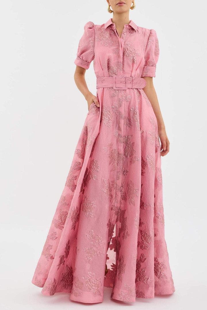 Aswyn | Women's Belted Floral Jacquard Maxi Shirt Dress - Pink - Image 1