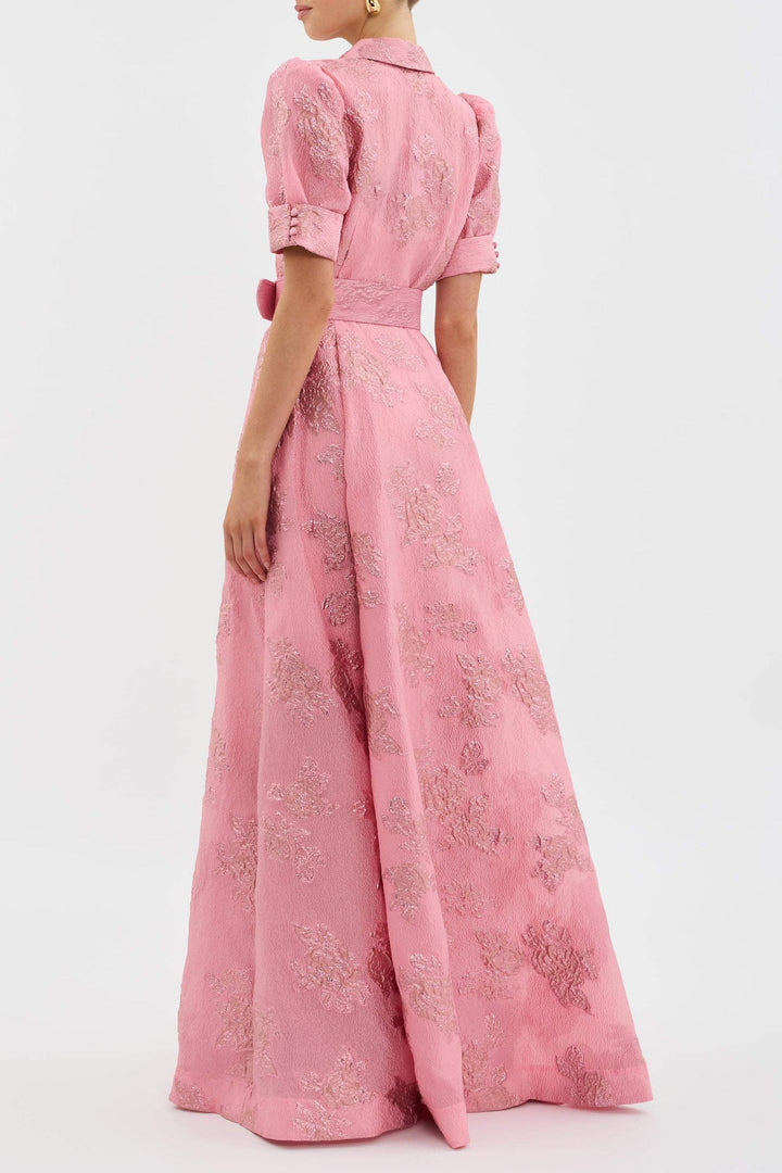 Aswyn | Women's Belted Floral Jacquard Maxi Shirt Dress - Pink - Image 2