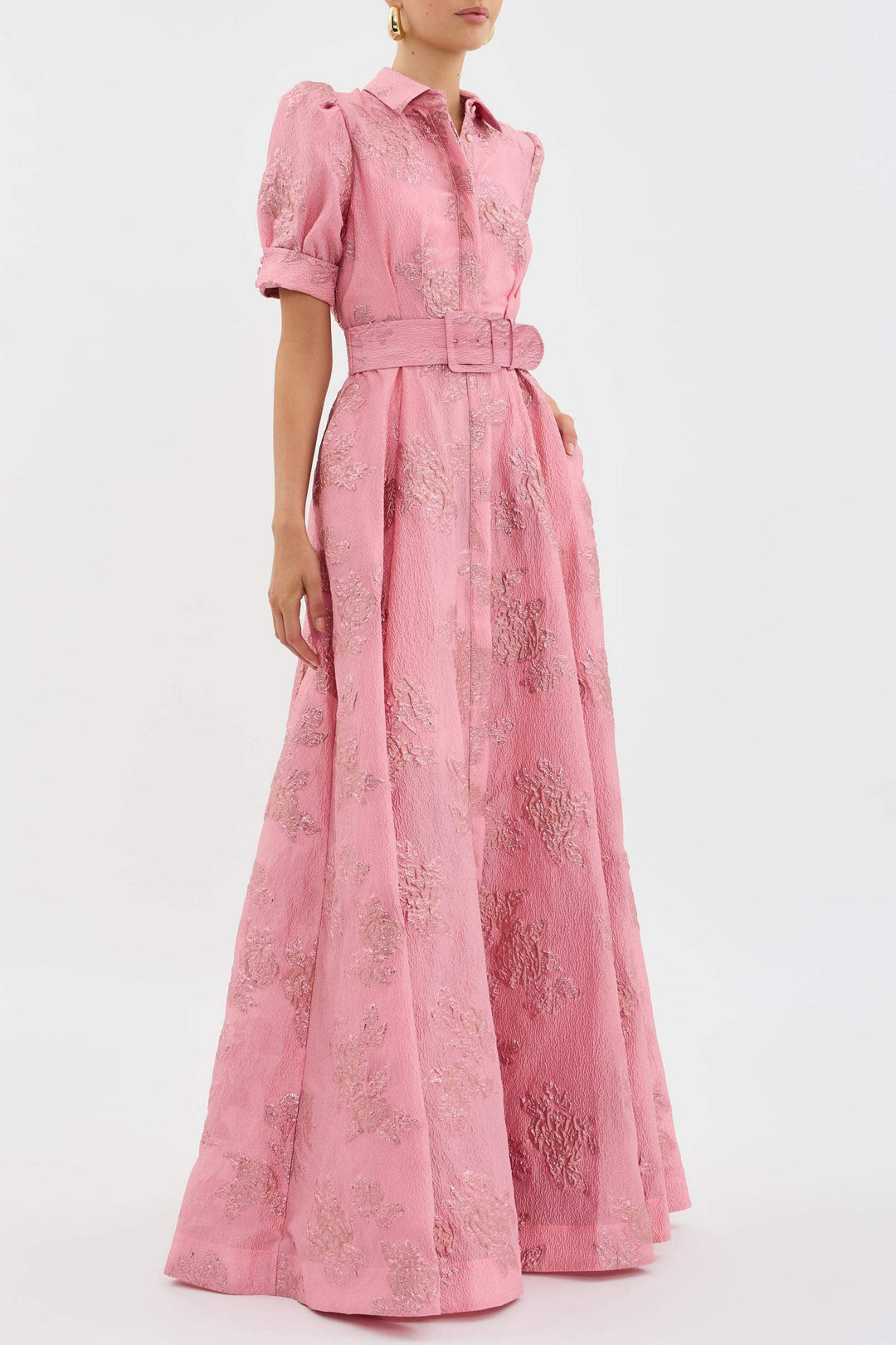 Aswyn | Women's Belted Floral Jacquard Maxi Shirt Dress - Pink - Image 3