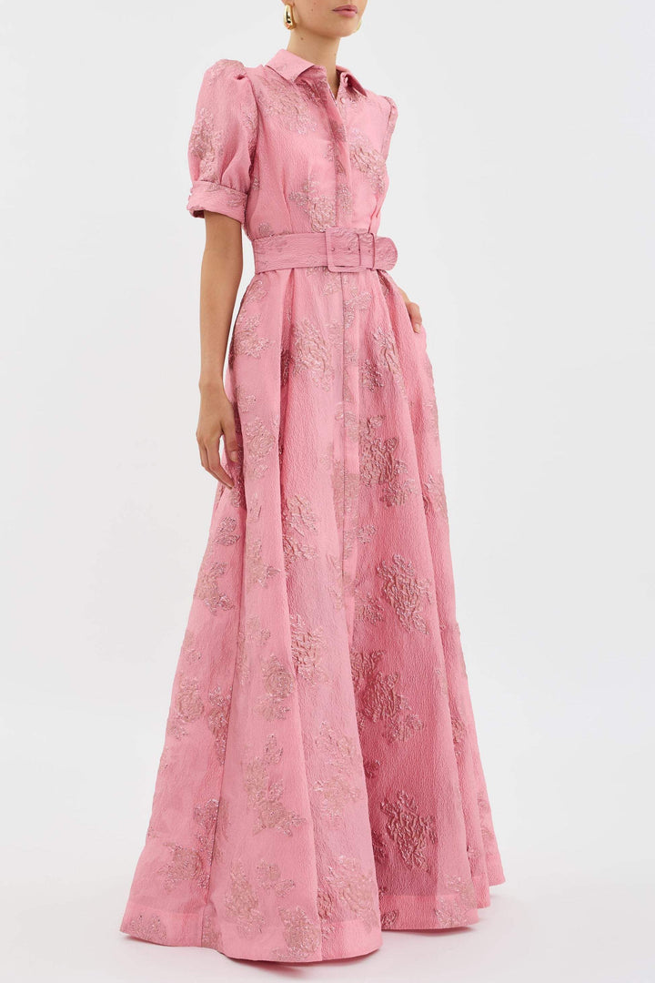 Aswyn | Women's Belted Floral Jacquard Maxi Shirt Dress - Pink - Image 3