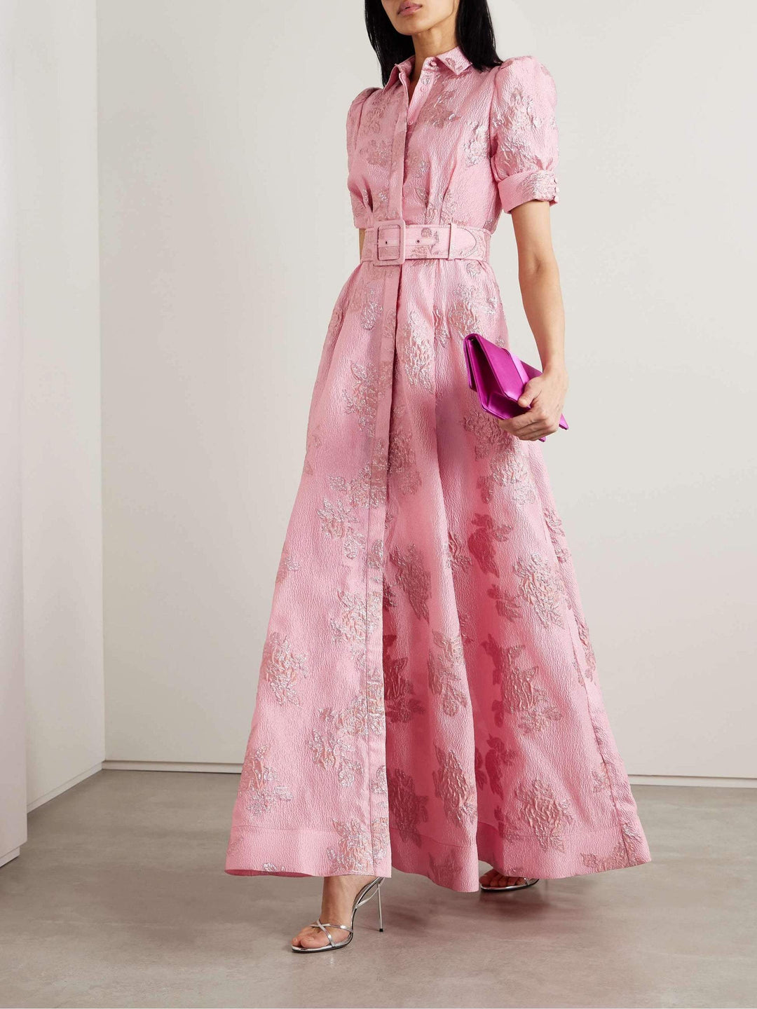 Aswyn | Women's Belted Floral Jacquard Maxi Shirt Dress - Pink - Image 5