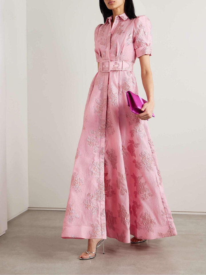 Aswyn | Women's Belted Floral Jacquard Maxi Shirt Dress - Pink - Image 5