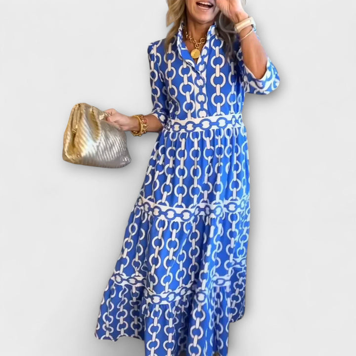 Aswyn | Women's Chain Print Tiered Midi Dress - Blue - Image 1