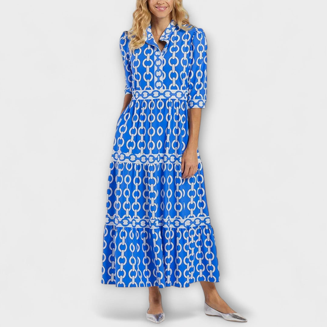 Aswyn | Women's Chain Print Tiered Midi Dress - Blue - Image 2