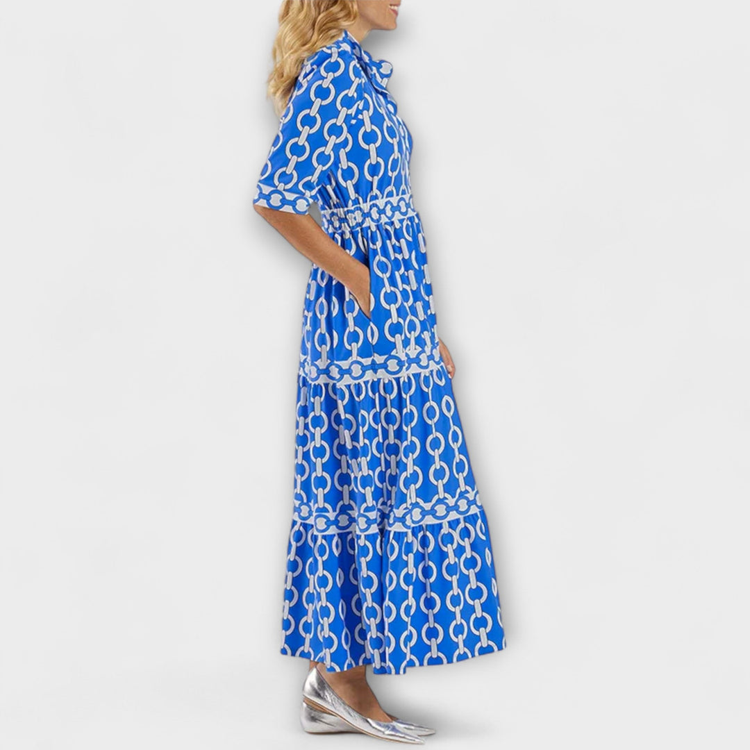 Aswyn | Women's Chain Print Tiered Midi Dress - Blue - Image 3