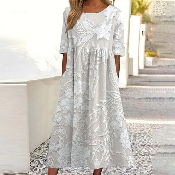 Aswyn | Women's Floral Lace Midi Dress with 3/4 Sleeves - White - Image 1