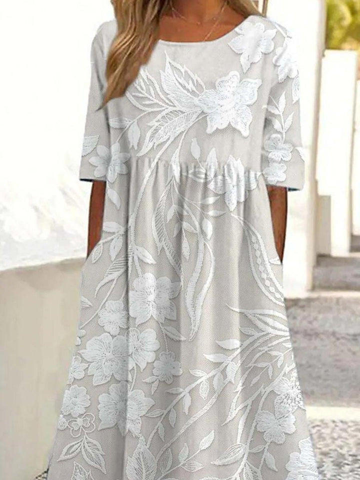 Aswyn | Women's Floral Lace Midi Dress with 3/4 Sleeves - White - Image 2