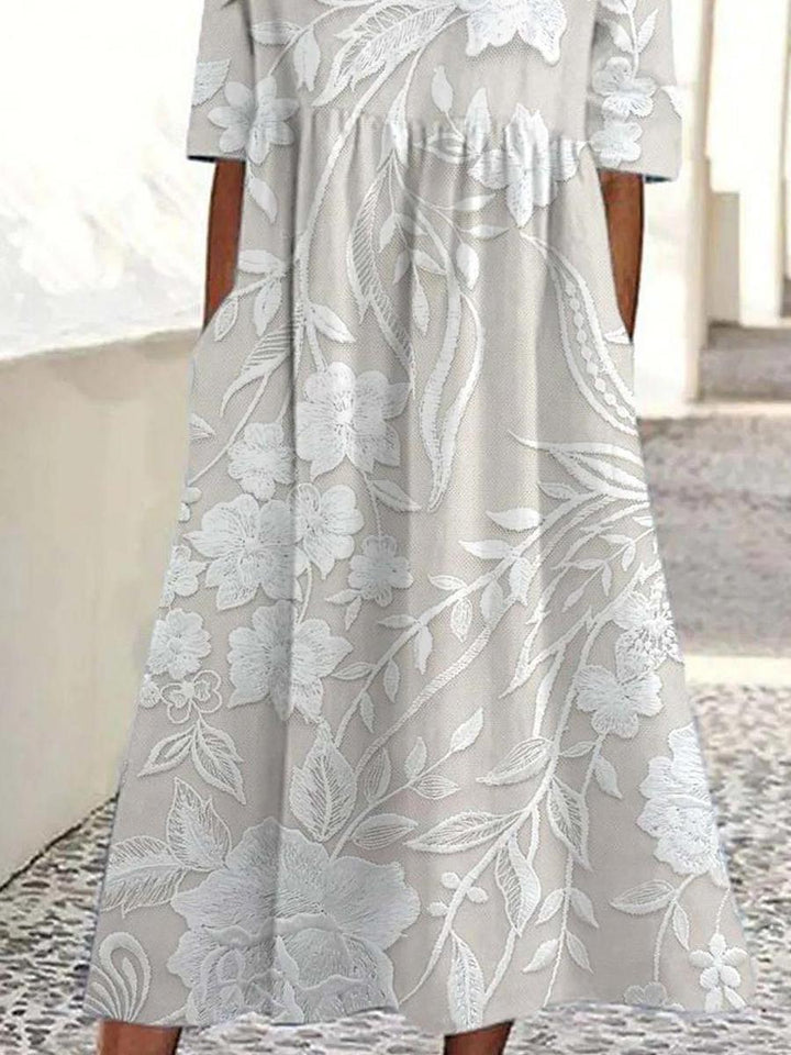 Aswyn | Women's Floral Lace Midi Dress with 3/4 Sleeves - White - Image 3