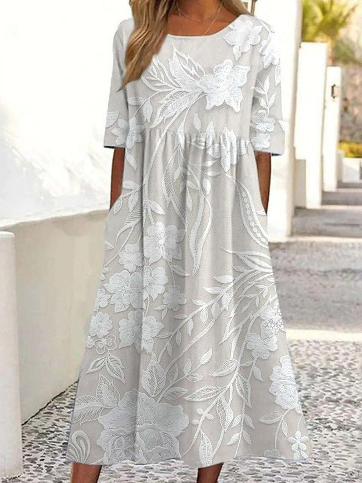 Aswyn | Women's Floral Lace Midi Dress with 3/4 Sleeves - White - Image 4