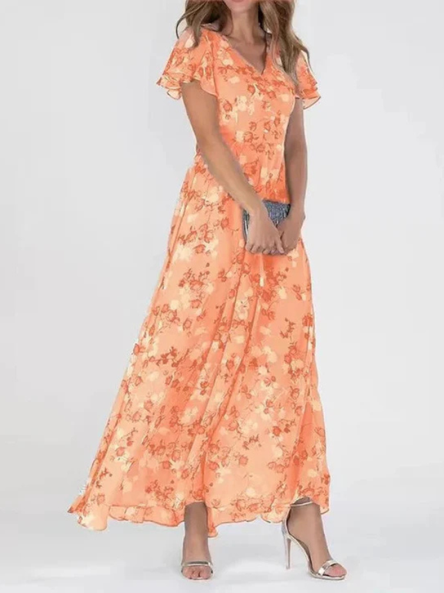 Aswyn | Women's Floral Maxi Dress Flutter Sleeve - Orange - Image 1