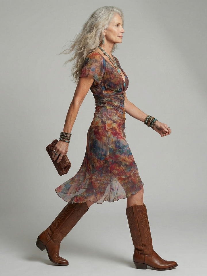 Aswyn | Women's Floral Ruched Midi Dress with Side Slit - Image 2