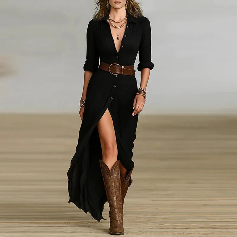 Aswyn | Women's Long Sleeve Maxi Shirt Dress with Belt - Black - Image 1