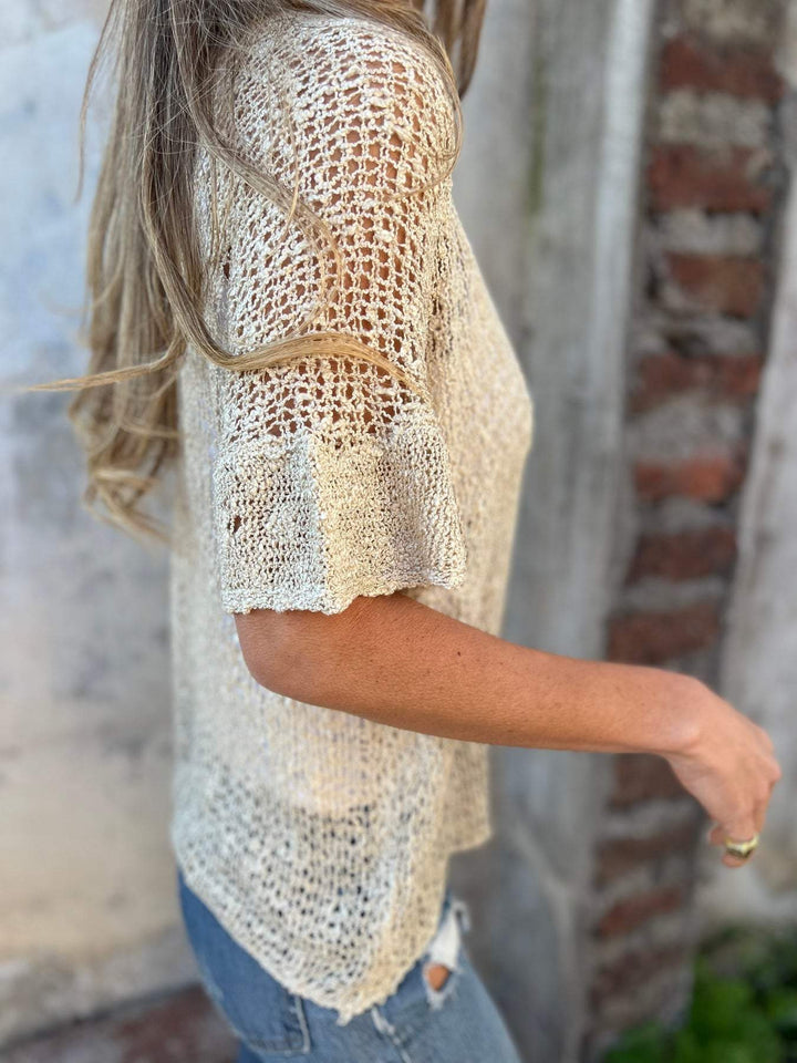Aswyn | Women's Open Knit Short Sleeve Cardigan - Cream - Image 3